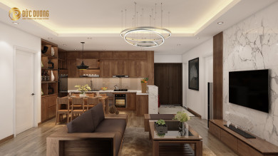 Mẫu thiết kế phòng khách liền bếp đẹp 2020