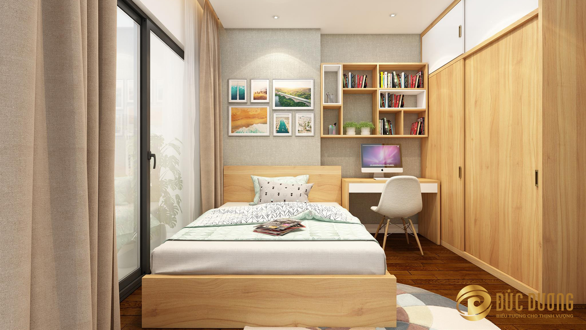 mẫu thiết kế nội thất phòng ngủ giường gỗ tự nhiên