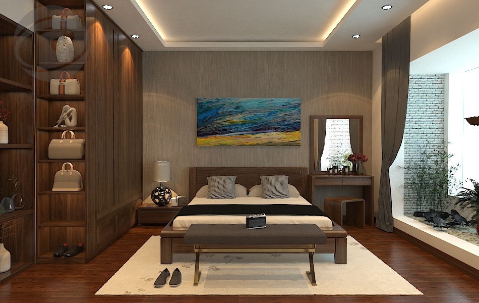 Phòng ngủ master tone màu trầm kết hợp tiểu cảnh để tạo cảm giác thông thoáng, tươi sáng nhất